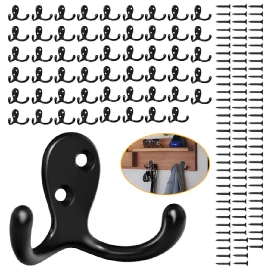 Set di 54 Ganci Appendiabiti a Doppio Perno, Robusti, da Parete con 108 Viti, Antiruggine, in Metallo Nero per Appendere Oggetti