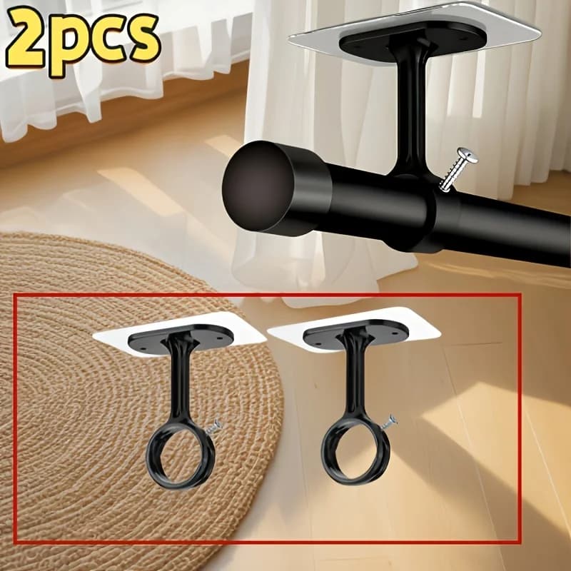 2pcs Heavy-Adhesive Ceiling Curtain Rod Brackets - No Drilling Installation, Adjustable Height, 1.2inch Diameter Rod Holders