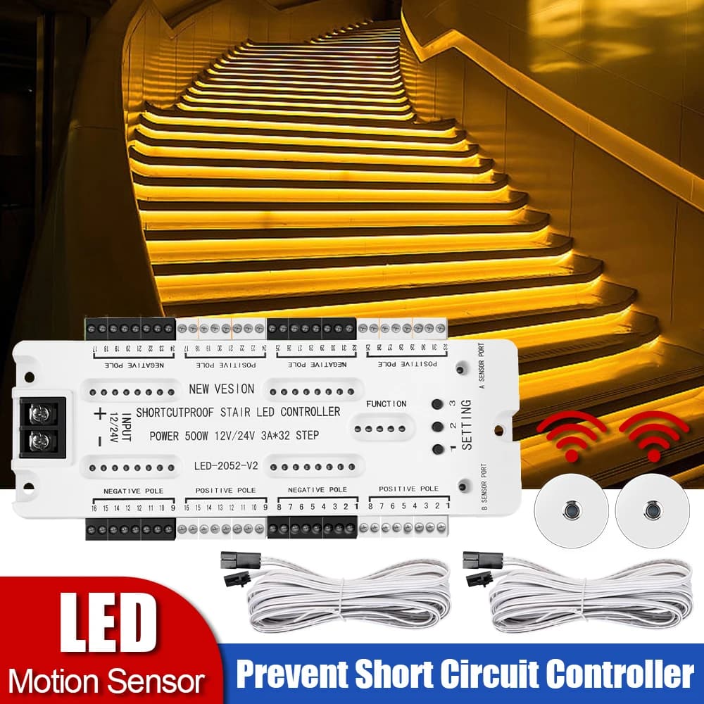 Luci notturne per scale DC 12V 24V Prevengono il controller di cortocircuito Illuminazione a LED per scale Luce con sensore di movimento intelligente 32 canali