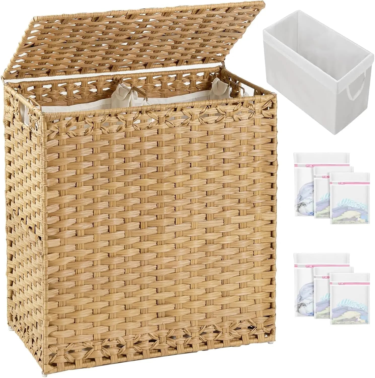 Laundry Hamper with Lid Wicker Laundry Basket ，with Handles 3 Removable Liner Bag, 6 Mesh Bags for Bathroom Bedroom Natural