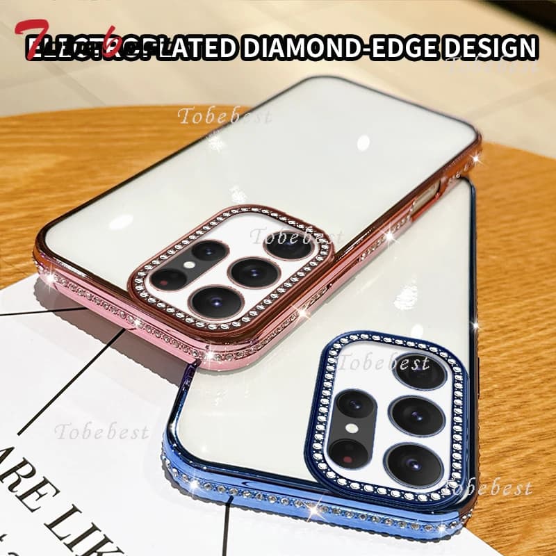 Custodia in silicone con placcatura trasparente con diamanti per Samsung Galaxy S25 S24 S23 S22 S21 S20 Ultra FE Plus Cover posteriore morbida trasparente