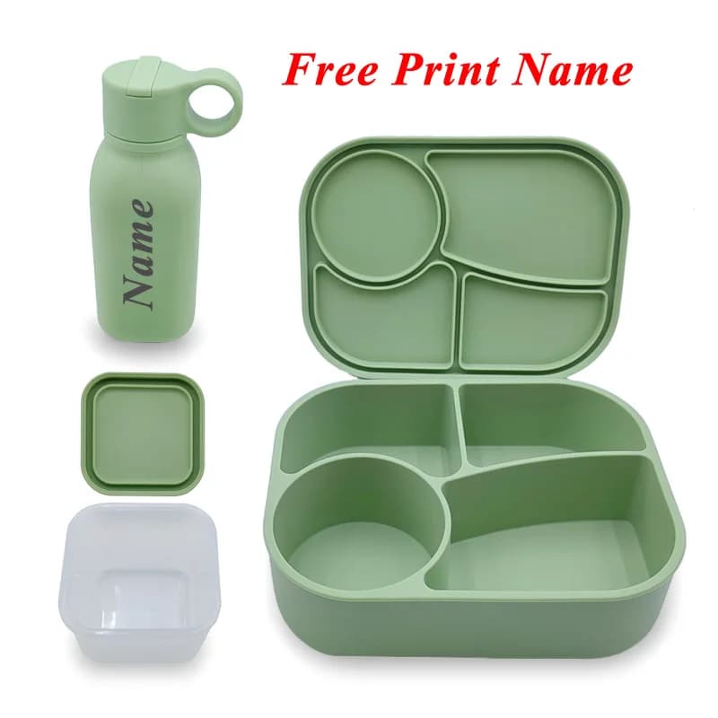 Nome personalizzato Bento Box per il pranzo in silicone Set di bottiglie d'acqua in paglia Contenitore per bevande per alimenti da picnic da campeggio Bottiglia per bambini