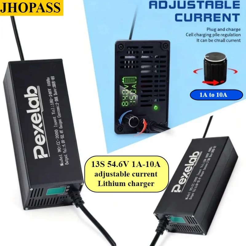Caricabatterie Smart Regolabile 13S LCD 220V 54.6V 1A-10A per LiFePO4 Litio, per Carrelli Elevatori e Lavasciuga Pavimenti, con Spina UK US EU AU