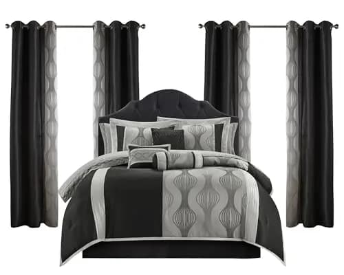Queen Comforter Set, Black Silver, 15 Pieces Room in a Bag, Ultra t with Patchwork, Luxury Bed Set with Sheets