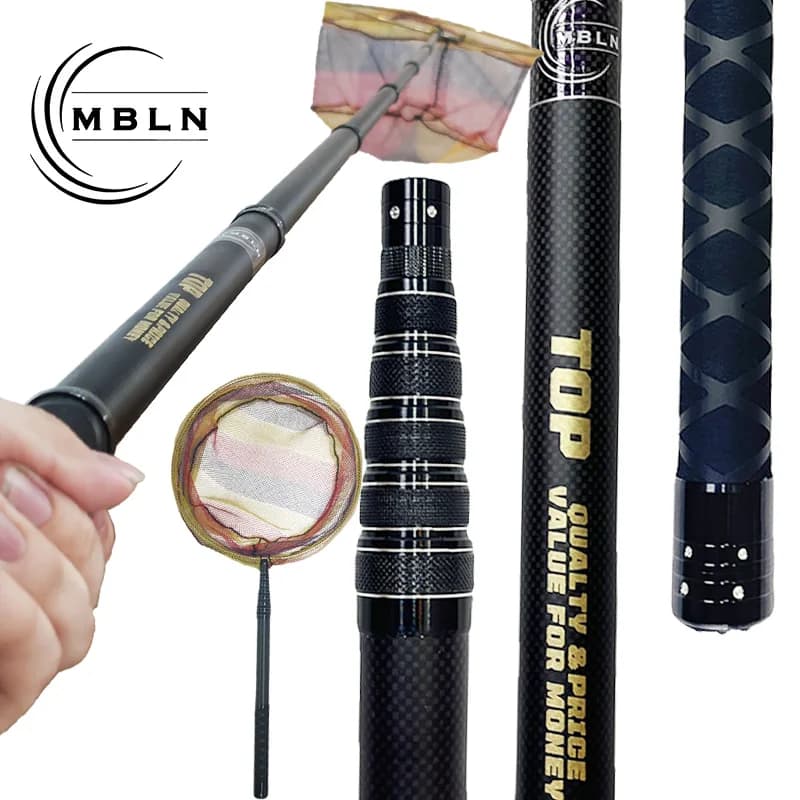 MBLN 3M Guadino telescopico in carbonio con rete rivestita in gomma da 50 cm, lunghezza piegata ultracorta da 58 cm per acqua dolce e salata