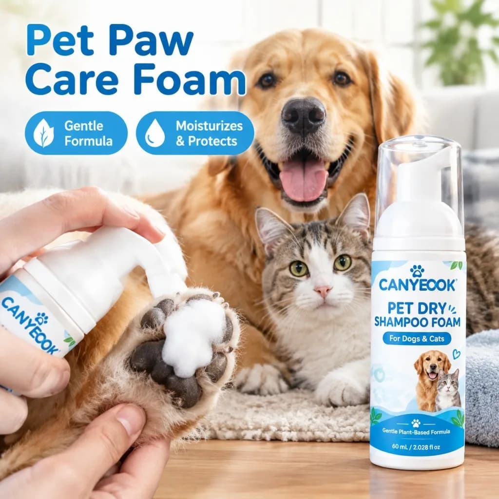 CANYEOOK Pet Dry Shampoo Foam 60ml No Rinse Plant Based Clean Paws Tail Butt for Dog Cat Waterless Grooming Care