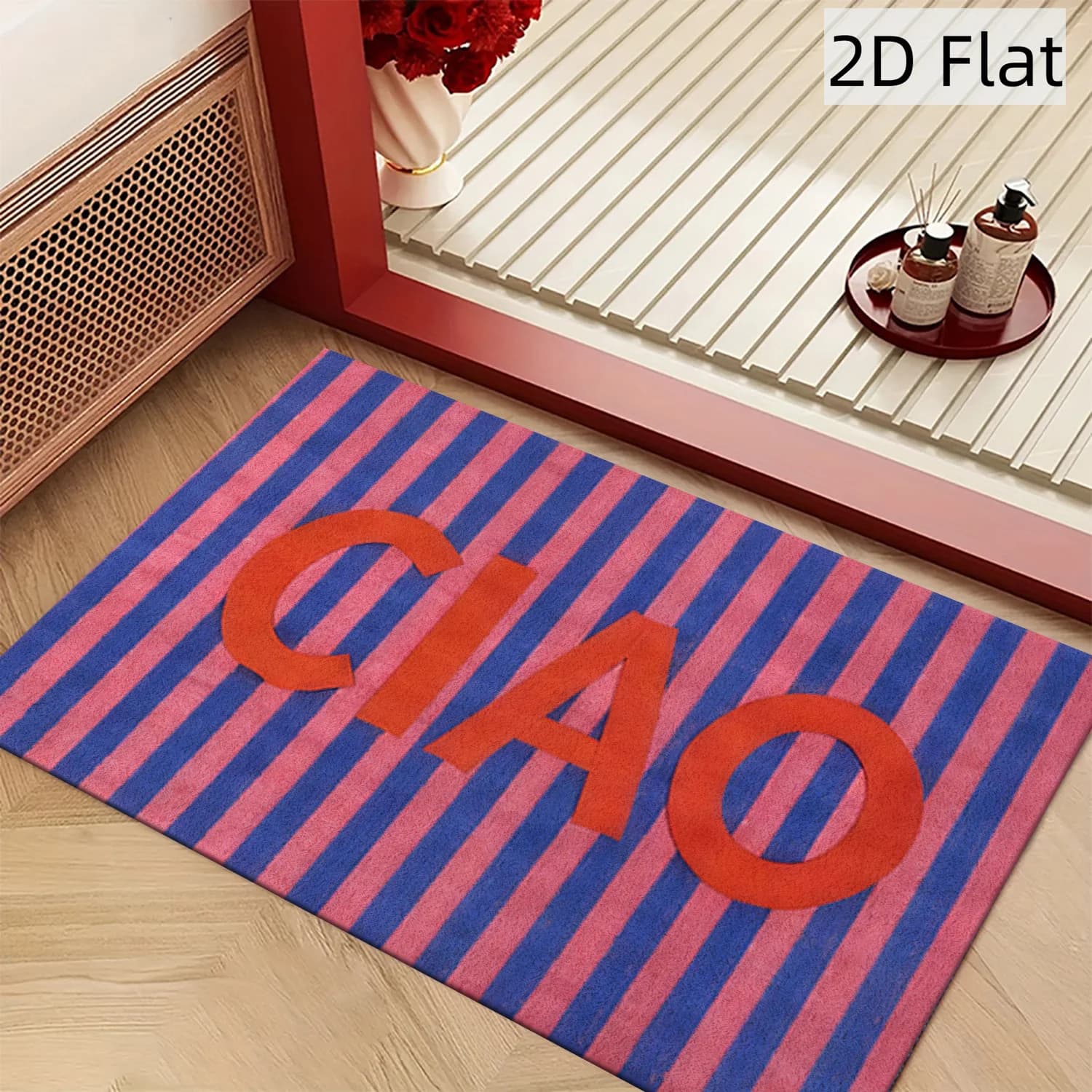 Blue and pink striped doormat; for use next to the bathtub, in the kitchen, in the bedroom, as an everyday home doormat
