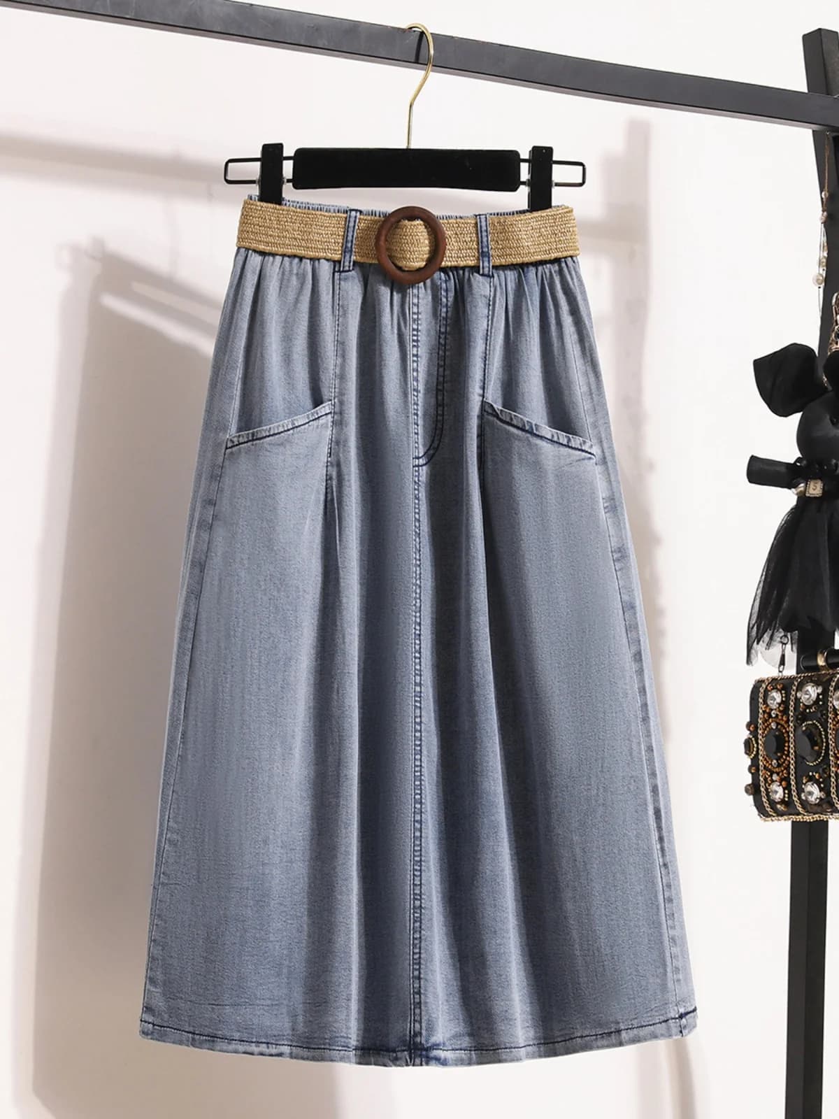 Retro Hong Kong Style Mid-Length A-Line Straight Denim Skirt Cover Hip Pear Shape plus Size Women's Spring New Arrival