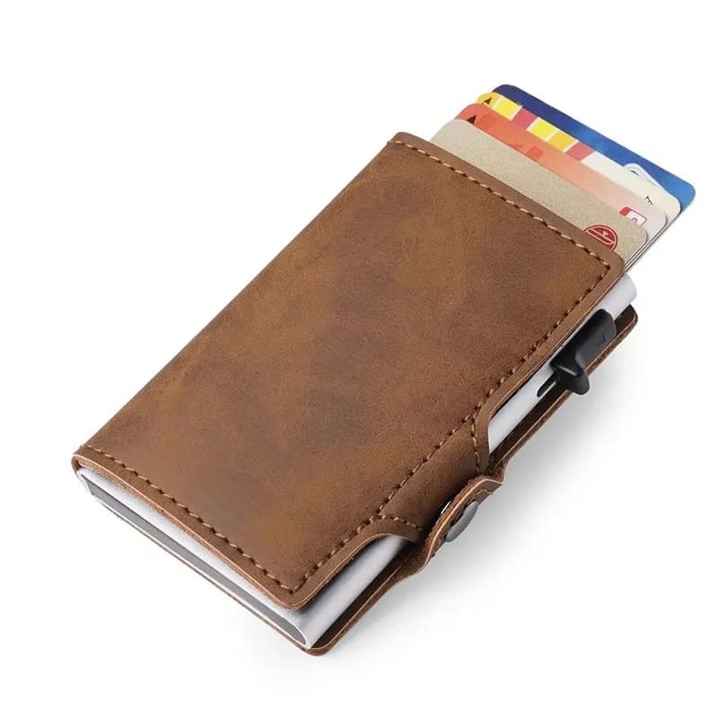 Portafoglio Pop-Up in Pelle Personalizzato con Nome Inciso, Porta Carte RFID Meccanico Automatico in Alluminio, Custodia per Carte di Credito in Metallo