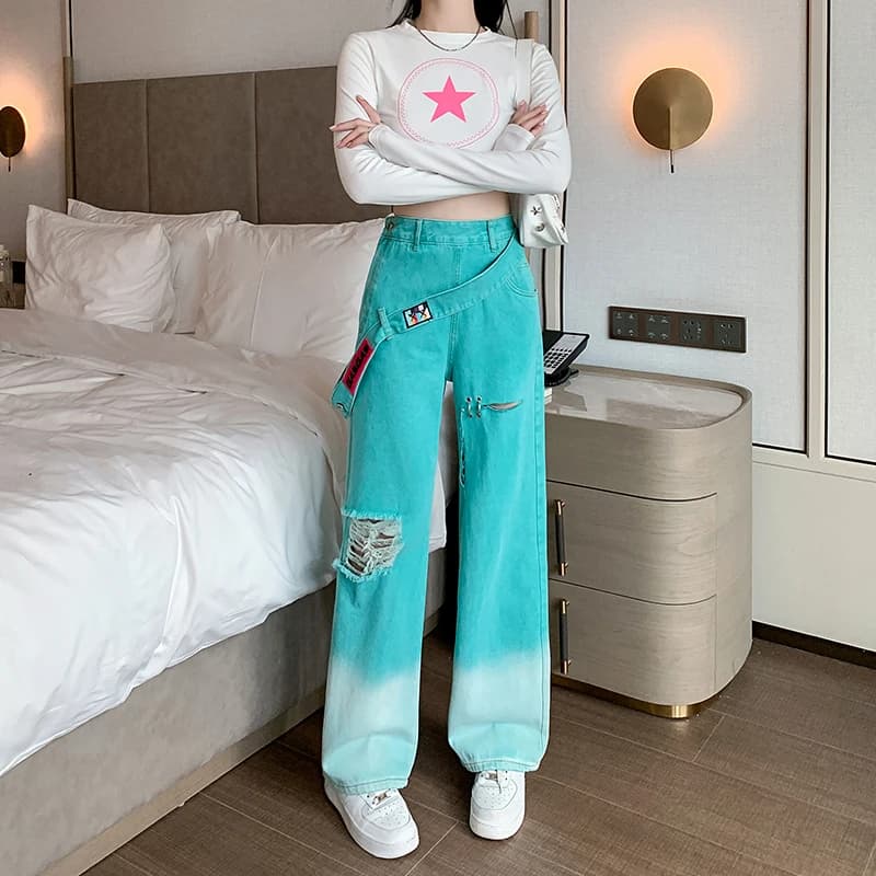 2024 nuova primavera autunno donna Jeans pantaloni Streetwear stile moda cinghie strappate colore sfumato Denim gamba larga pantaloni lunghi