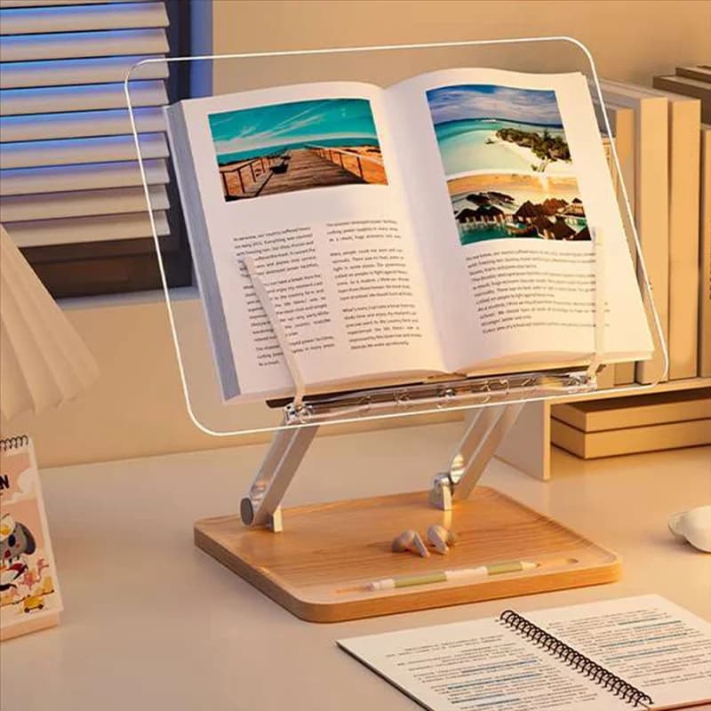 Supporto per libri in acrilico regolabile per la lettura, supporto per libri con slot per penna, supporto da tavolo pieghevole per libri di testo ricette per laptop riutilizzabili
