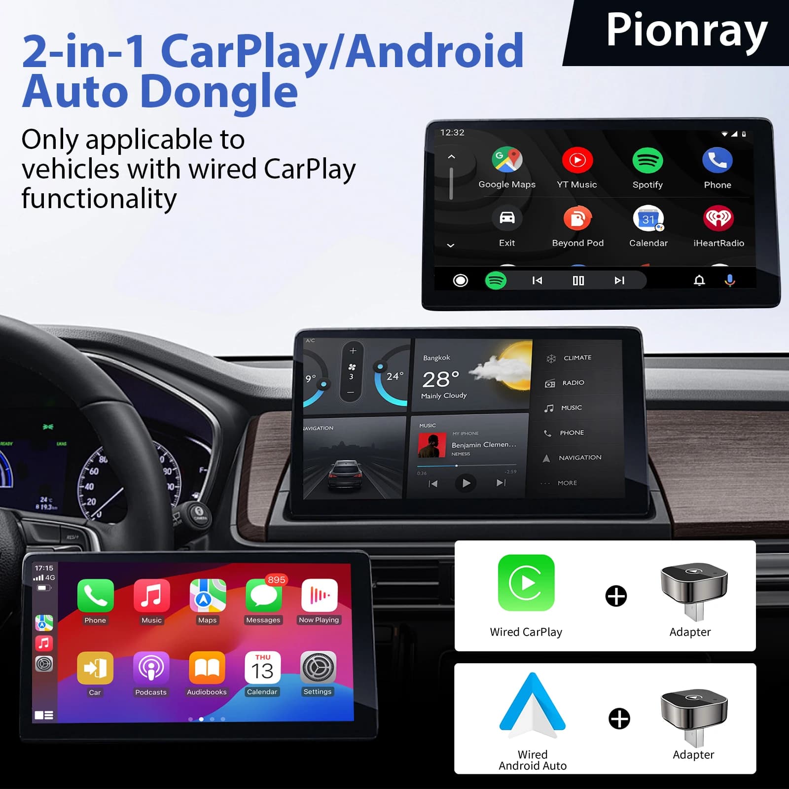 Mini CarPlay Wireless Adapter Updated 2025 for Apple and Android - Plug & Play No battery required, compatible with various cars