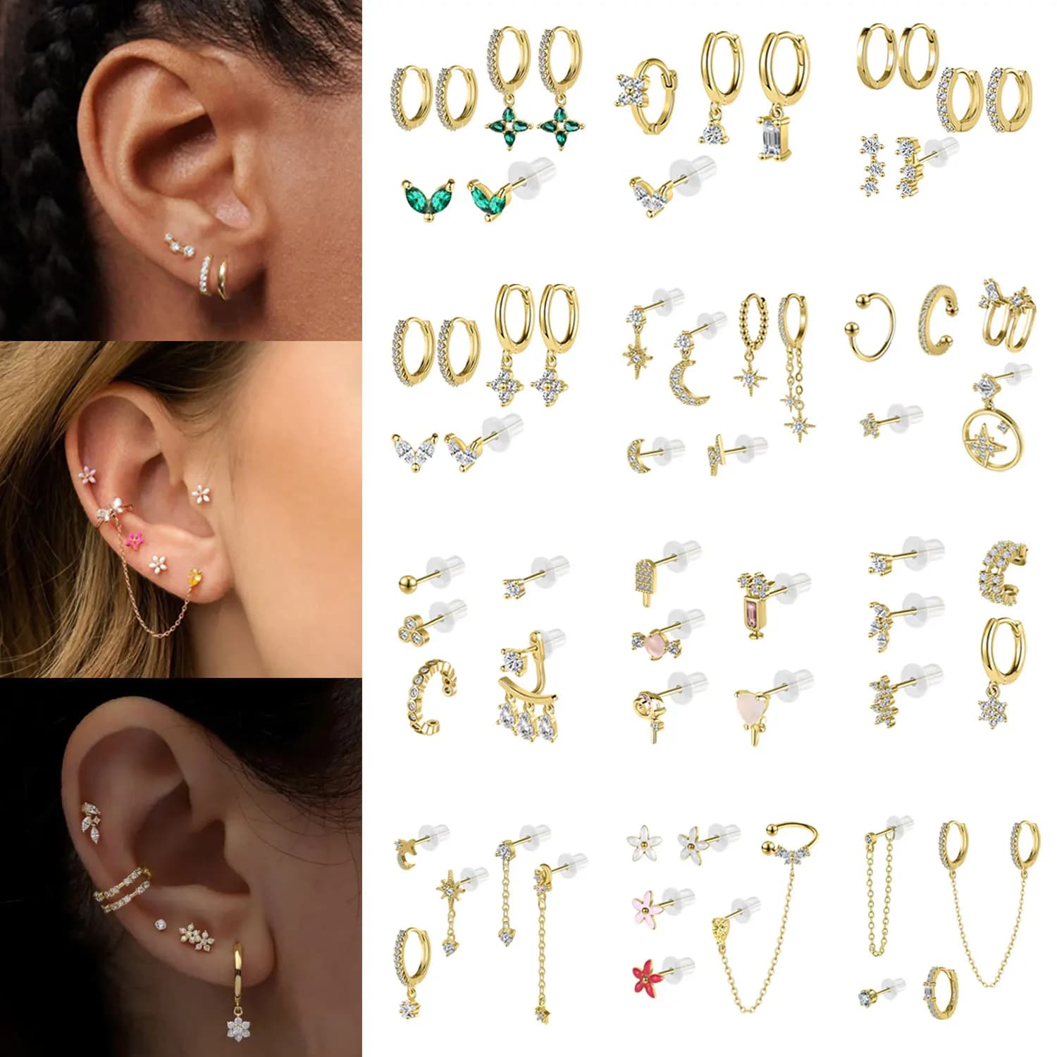 ZS 1 Set 925 Sterling Silver Stud Earring Women Girl Flower Star Shape Hoop Earrings CZ Crystal Helix Cartilage Piercing Jewelry