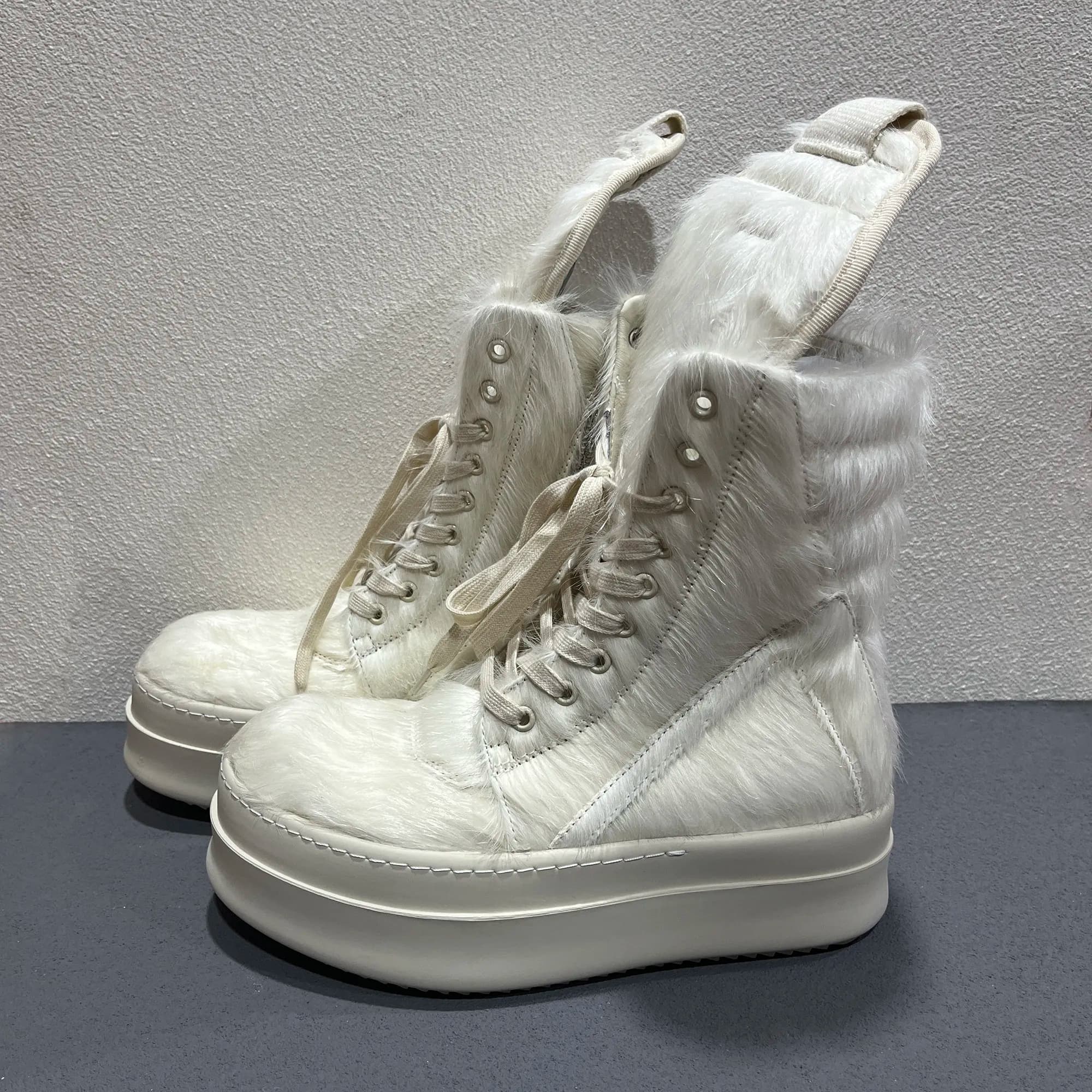 Real Picture Horsehair Fur Real Leather Lace Up Zip Luxury New Designer Sneakers White Boots