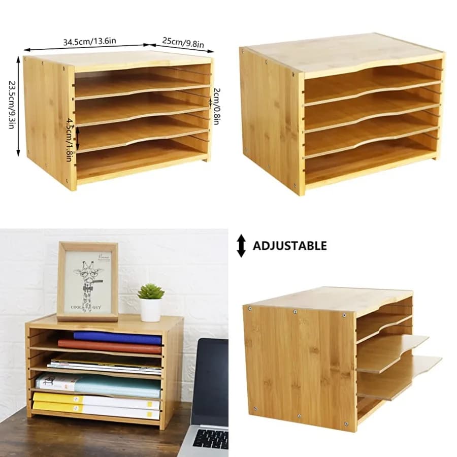 Organizzatore di file con 3 ripiani regolabili Vassoio per documenti in bambù Troncatore di file di carta per desktop, ufficio, studio domestico, workstation