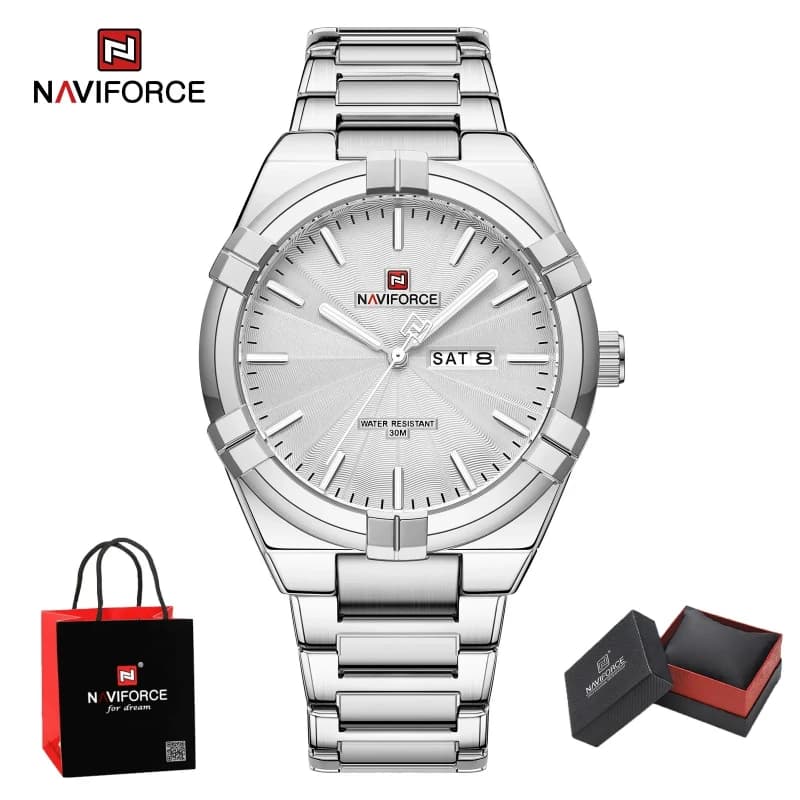 Confezione regalo Nuovo stile NAVIFORCE Orologio da polso al quarzo casual alla moda da uomo Cinturino in acciaio impermeabile Orologio di marca superiore con regali