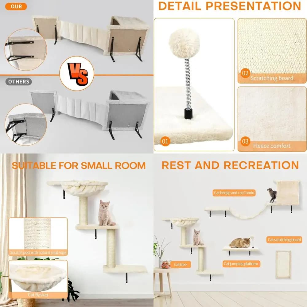 Set di mobili da parete per gatti da interno beige da 5 pezzi: ripiani, posatoi, condominio, scala, tiragraffi