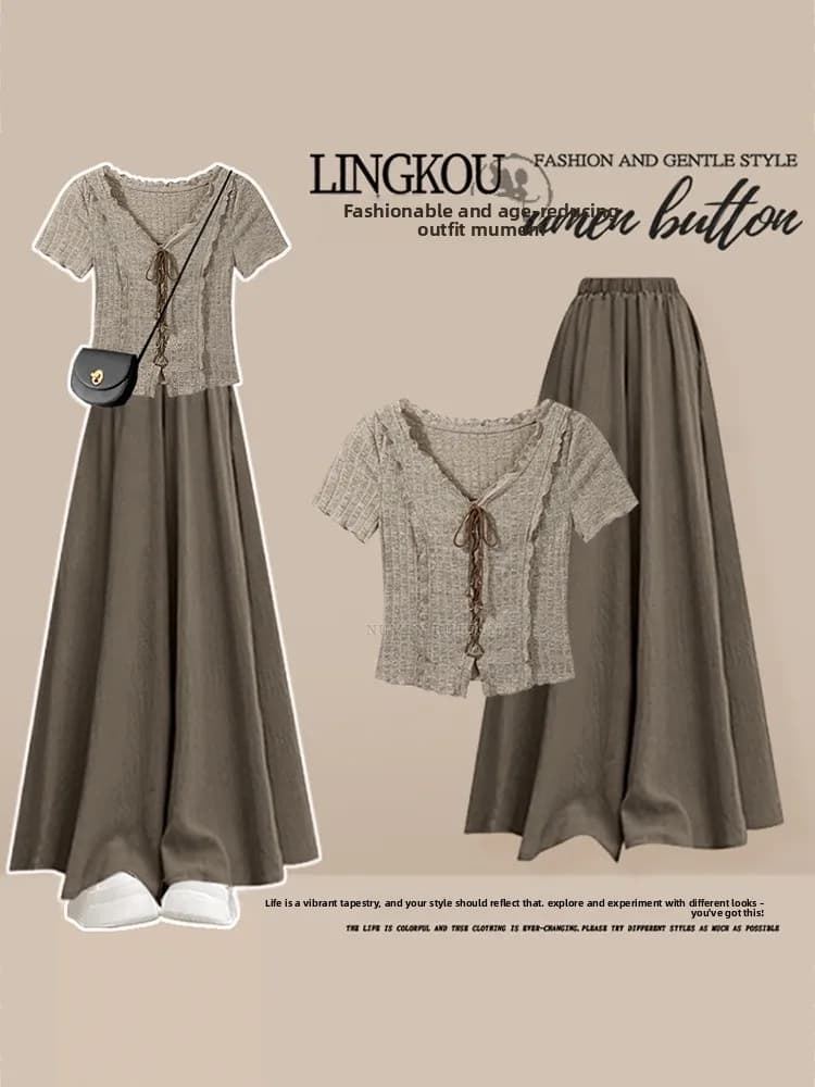 Vintage Style Women's Two-Piece Set Belted Shoulder T-Shirt And Casual Pants Skirt Combo Anti-Aging Design Summer Fashion