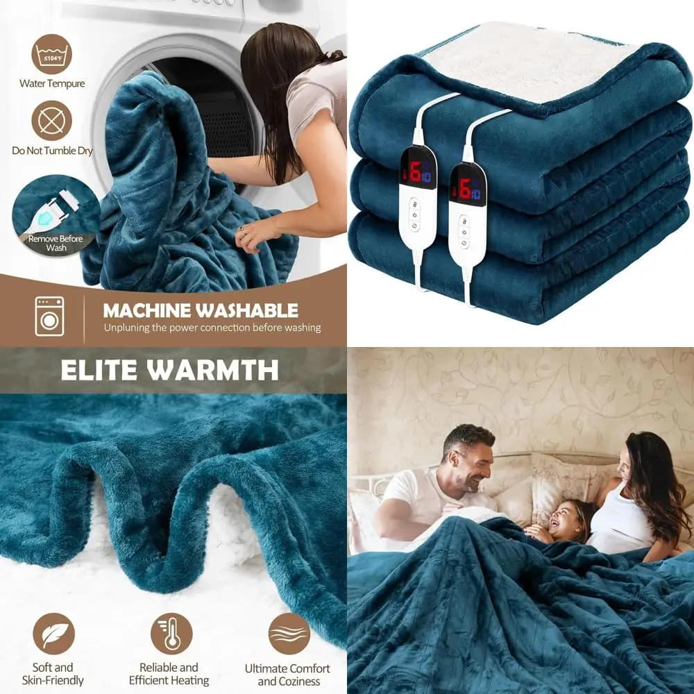Coperta Elettrica King Size con Doppio Controllo 90 x 100 con 10 Timer, 6 Livelli di Calore, Protezione da Surriscaldamento, Flanella Sherpa, Certificata ETL