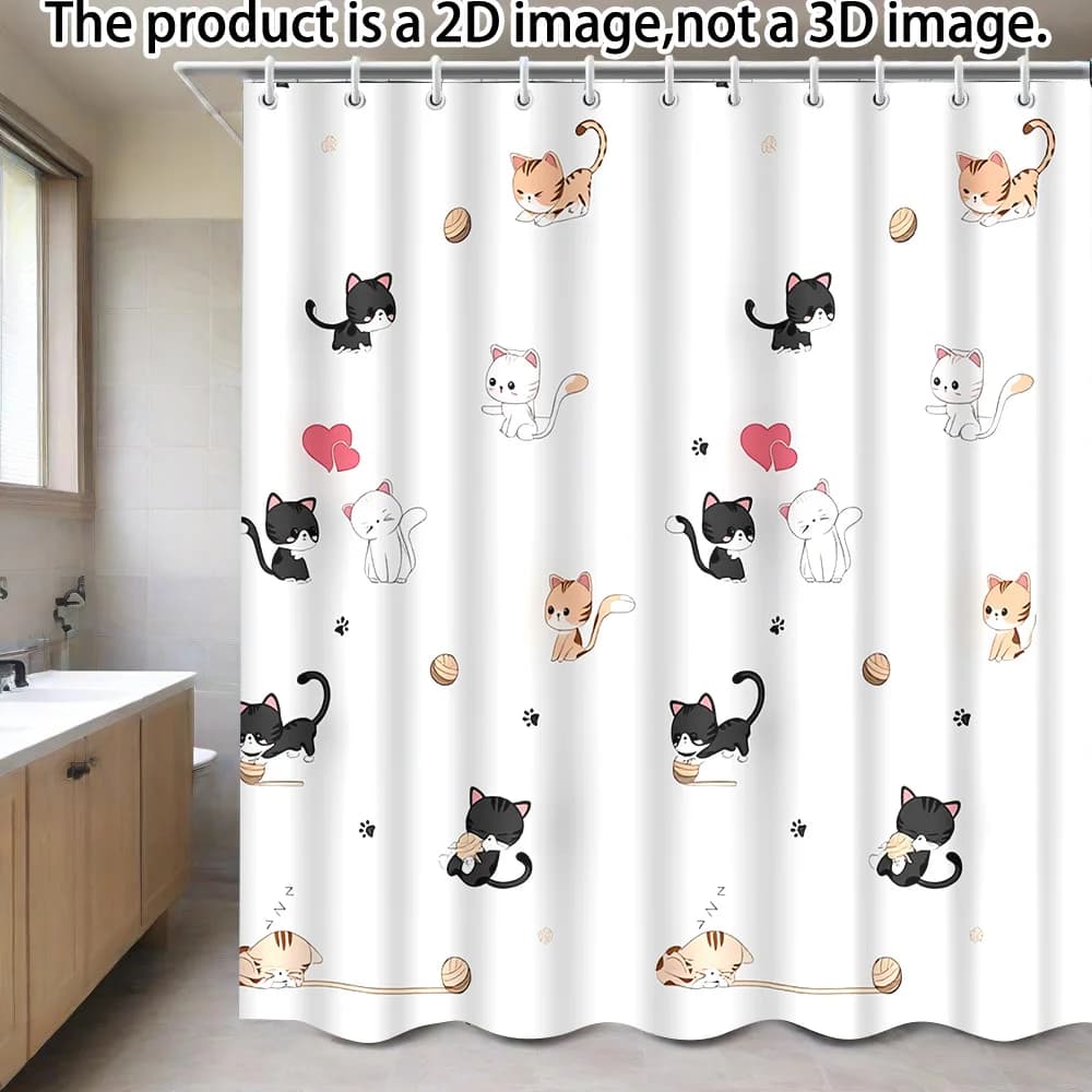 1 tenda da doccia con un grazioso motivo ripetuto con gatti giocosi in varie posizioni, inclusi 12 ganci, 180 X 180