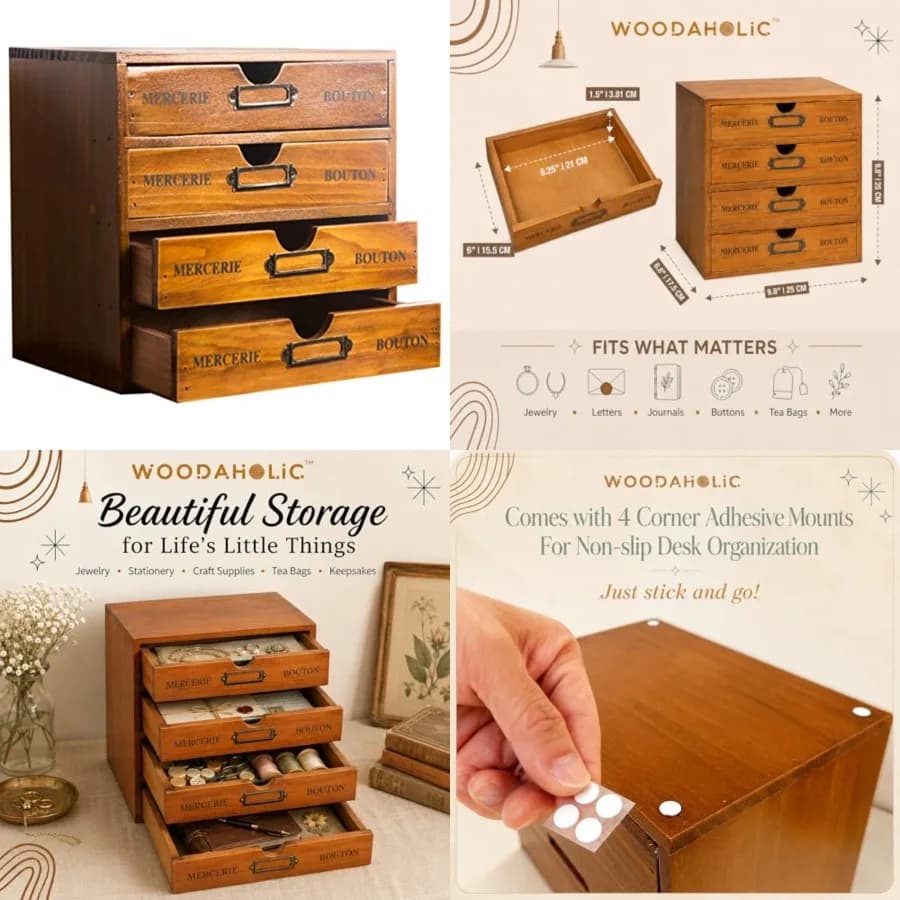 Organizzatore da Scrivania Modulare e Impilabile - Scatola Portaoggetti in Legno Stile Retrò per Catalogo Biblioteca - Organizza Cancelleria, Filo e Aghi