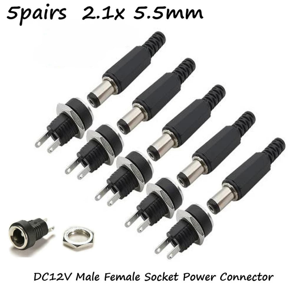 5 pairs DC 12V male female socket mounting panel barrel jack power connector jack female nut screw connector for panel mounting
