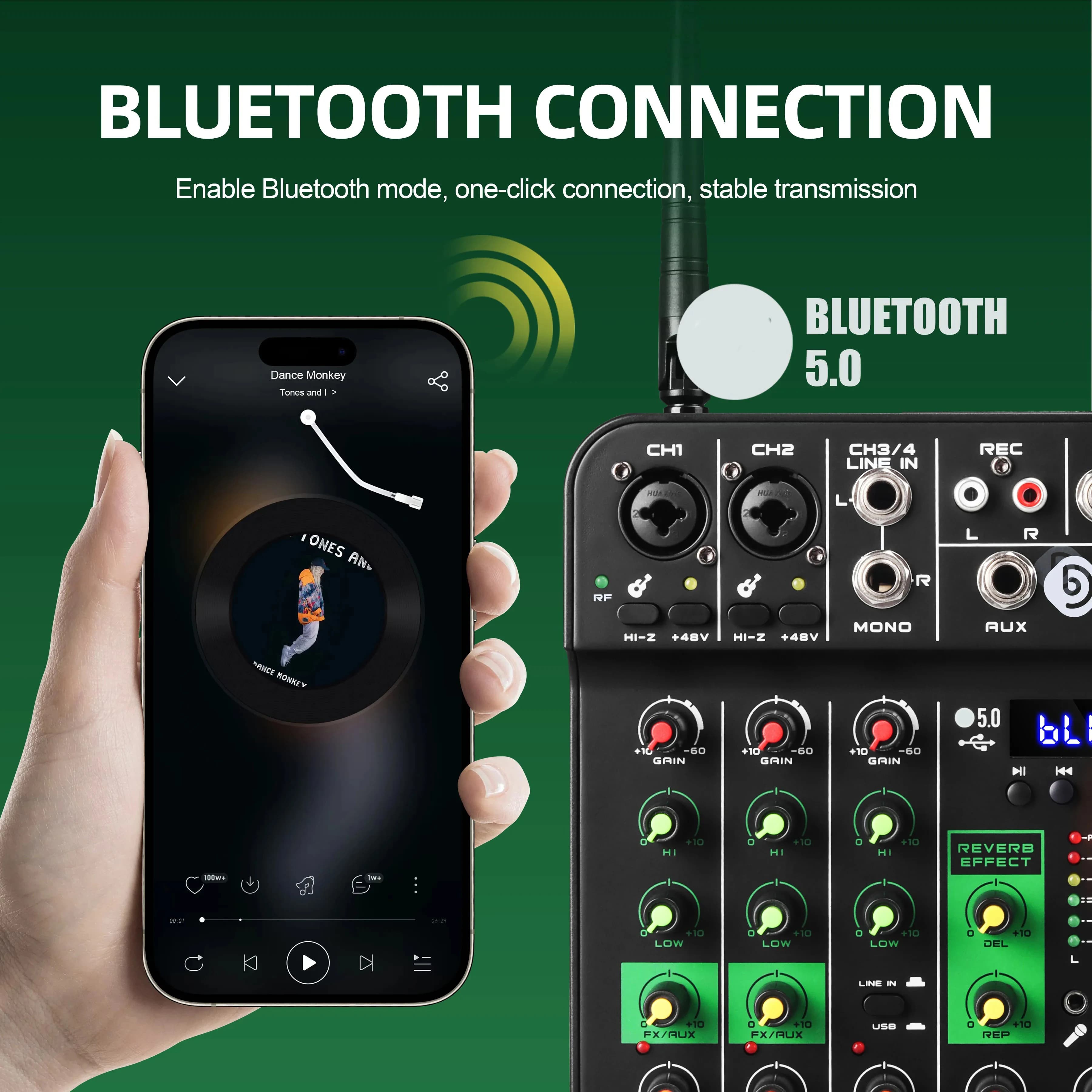 Mixer Audio a 4 Canali con Bluetooth 5.0, Registrazione USB, Alimentazione Phantom 48V, Effetti DSP Reverb e Delay per Karaoke e Matrimoni