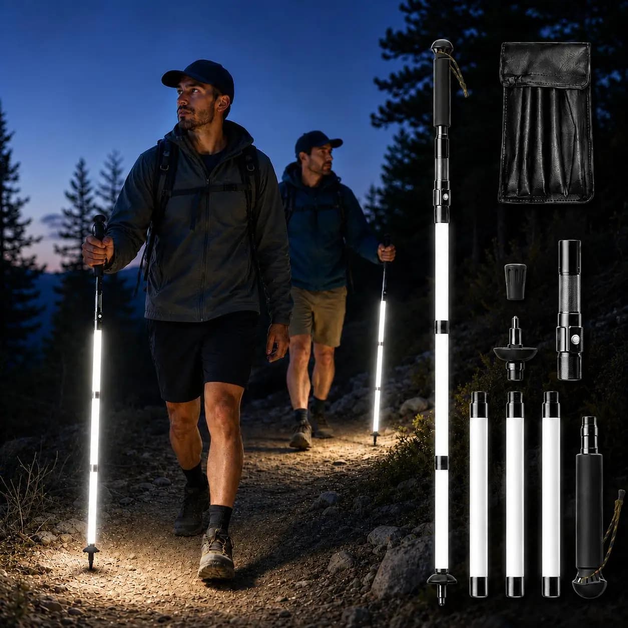 Type-C Rechargeable LED Walking Stick Detachable Light-Up Trekking Pole Lightweight Aluminum Hiking Cane Men Women Outdoor Night Climbing Camping Safety Alpenstock