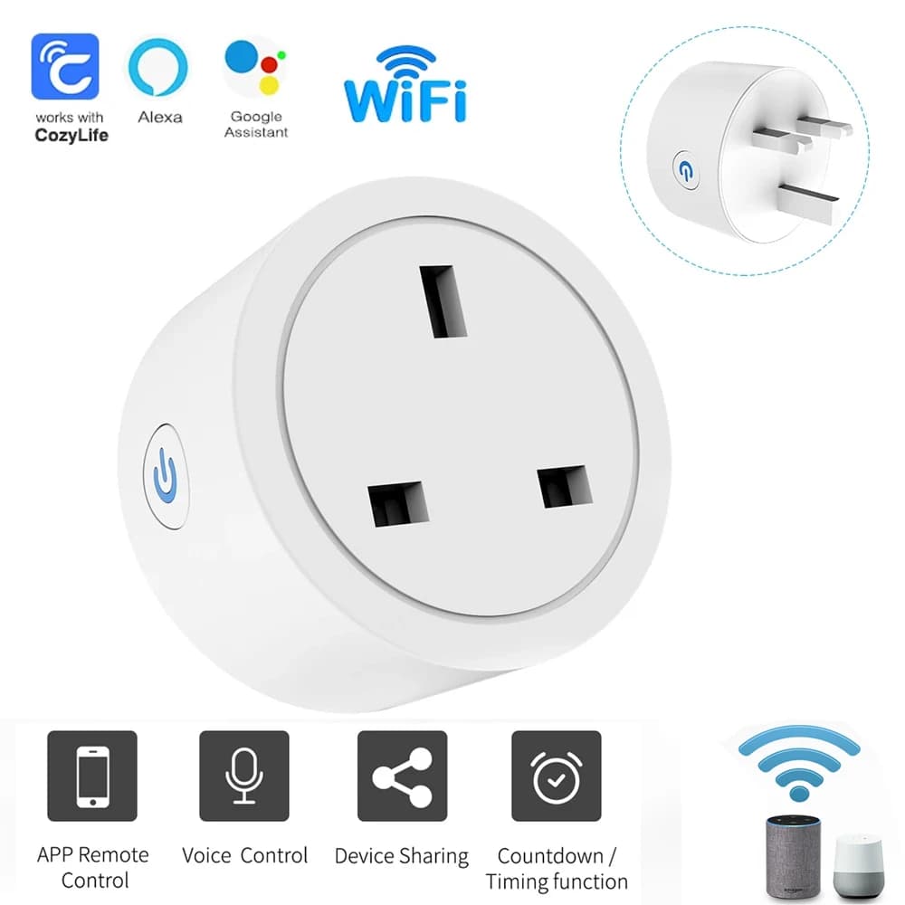 UK 16A smart socket with voice control function. The Cozylife mobile app allows remote and timed control of switches.