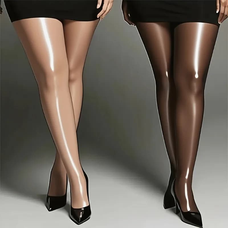 Collant Neri Lucidi da Donna Taglie Forti, Un Paio, Vita Alta, Leggings Trasparenti Elasticizzati, Collant Sexy Effetto Olio di Cavallo