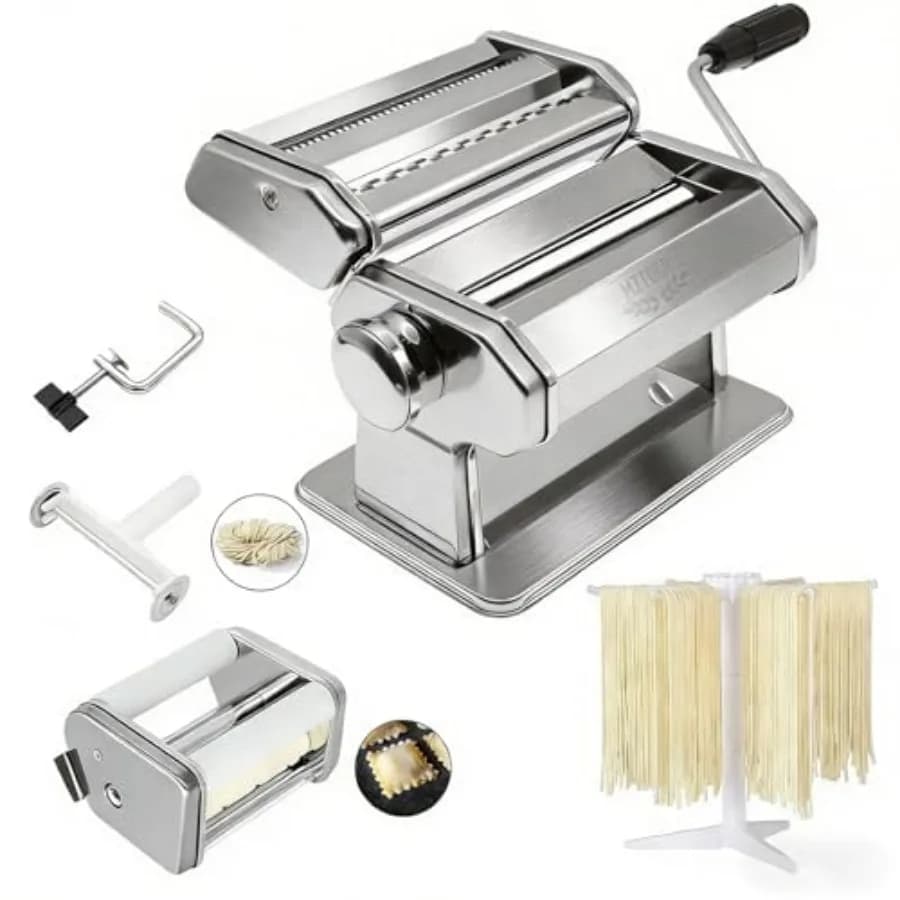 Macchina per Fare la Pasta con 9 Impostazioni di Spessore Regolabili, 2 in 1, Include Tagliapasta e Accessorio per Ravioli