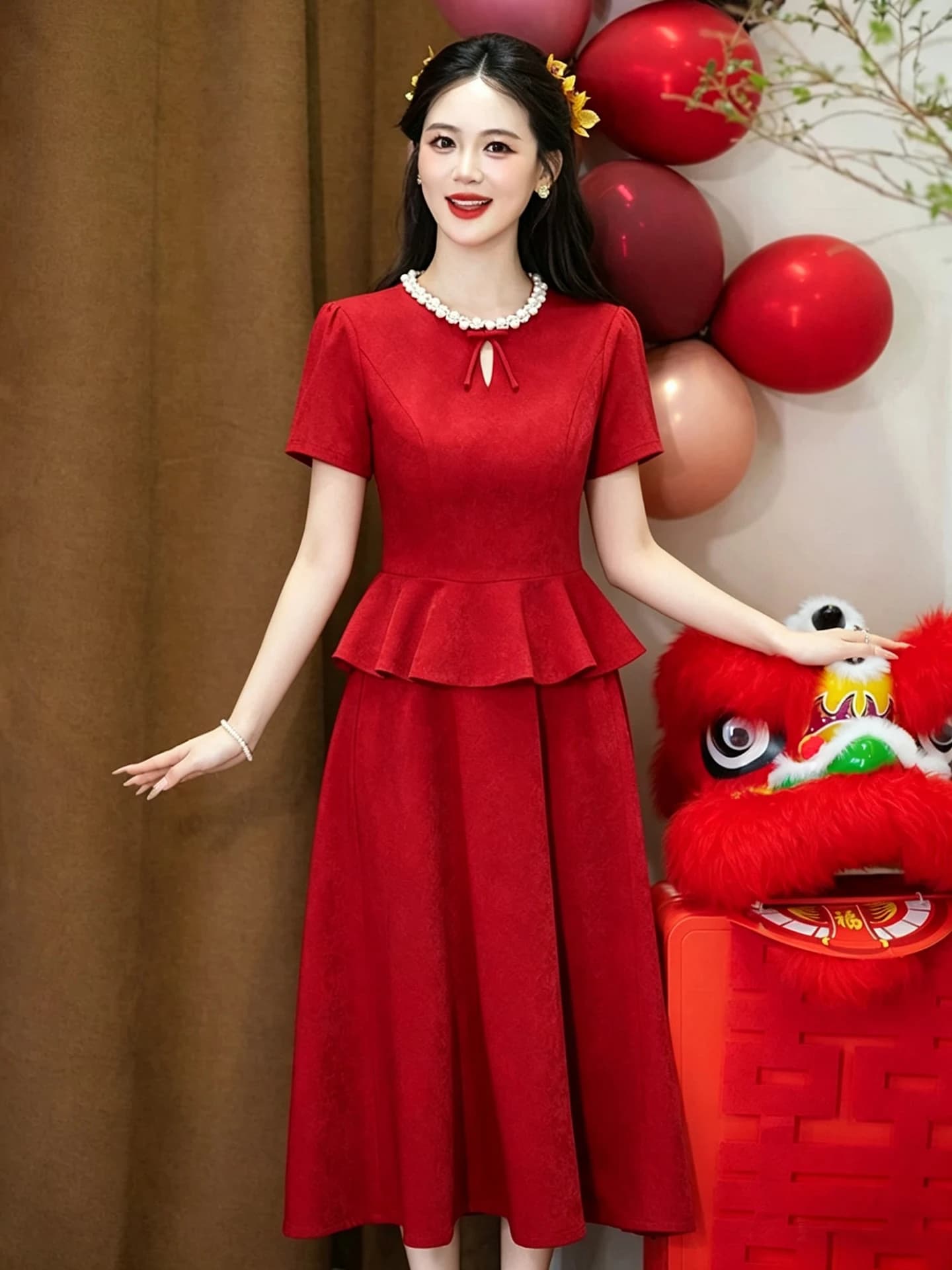 Abito da sposa rosso in stile cinese, completo da sposa slim fit a maniche lunghe con gonna a trapezio a vita media per fidanzamento e matrimonio