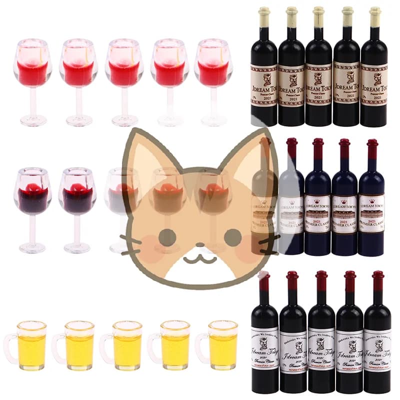 Nuovo Set di 5 Pezzi in Miniatura 1:12 per Casa delle Bambole: Bicchieri da Vino, Boccali da Birra, Bottiglie di Vino, Modellini di Mobili e Decorazioni