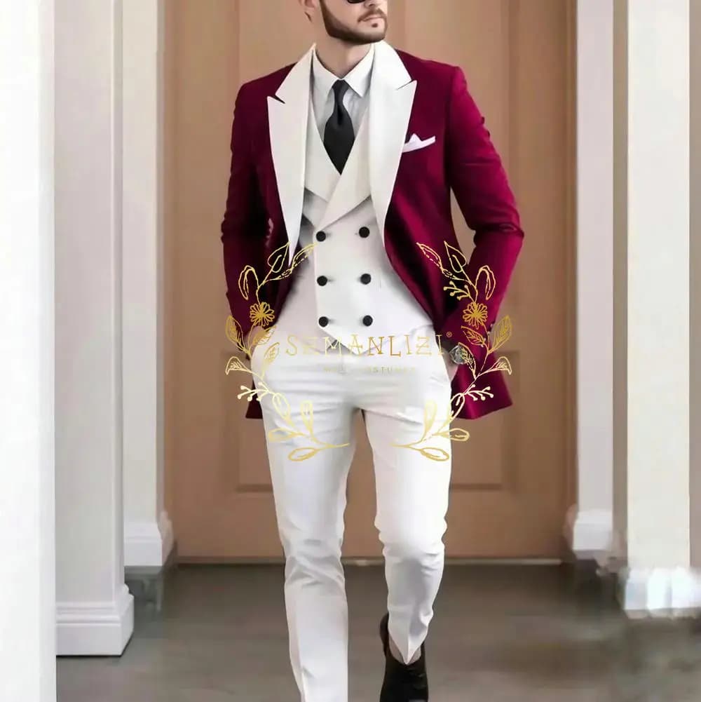 Elegant Burgundy 3-pieces Men's Suit High Quality White Peaked Lapel Jacket Vest Pants Groom Wear Gentleman Customized Set