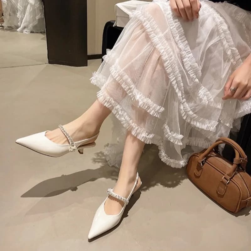 Scarpe da Donna in Argento con Punta a Spillo e Cinturino Posteriore, Decorazioni in Strass, Tacco Basso, Stile Mary Jane, Scarpe Casual Eleganti per Signore, Zapatos Mujer