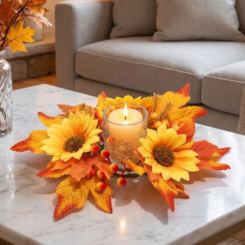 Foam Faux Berries Sunflower Maple Candle Ring Wreath Fade Resistant Rustic Style Artificial Berry Fall Candle Ring Autumn Theme