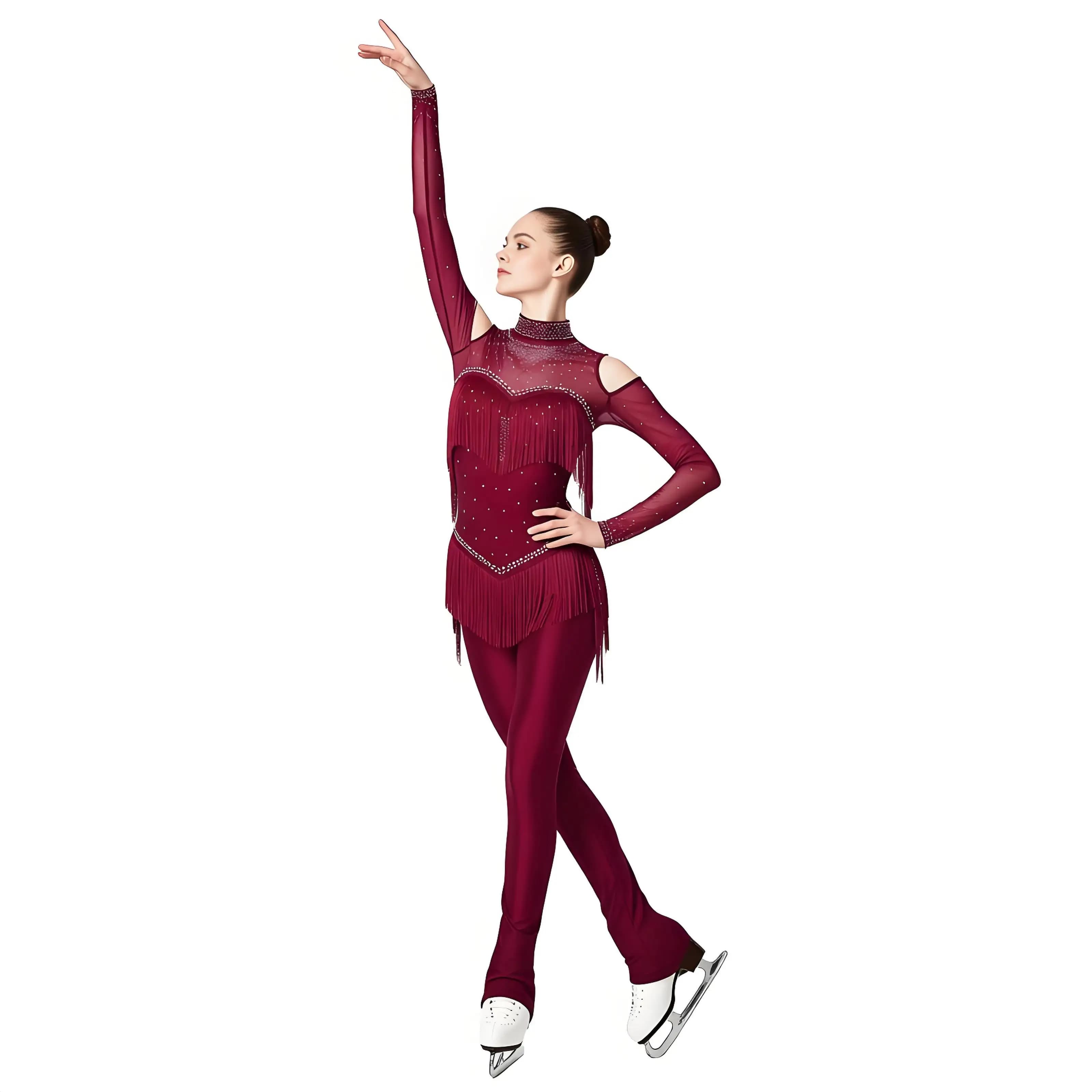 Body da Donna per Pattinaggio Artistico con Glitter e Strass, Leggings a Strati con Frange, per Ginnastica e Danza