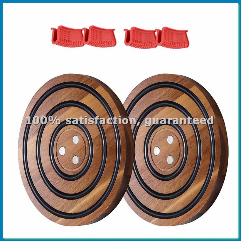 2 sottopentole magnetici in legno, anelli in silicone nero, supporto magnetico per pentola in ghisa smaltata Dutch Oven-ABRM