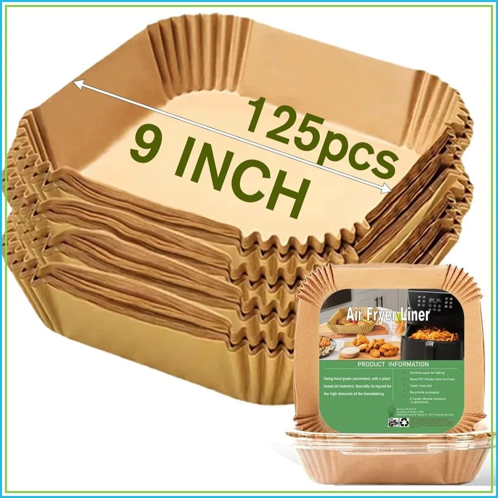 125 Pcs 9 Inch Square Air Fryer Liners, Oil-Proof Parchment Paper for 5-8 QT, Baking, Roasting, Microwave