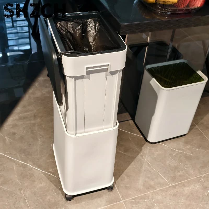 Adjustable Height Trash Can for Kitchen Large Garbage Bin with Wheels Liftable Waste Container with Flip Lid Rolling Dustbins