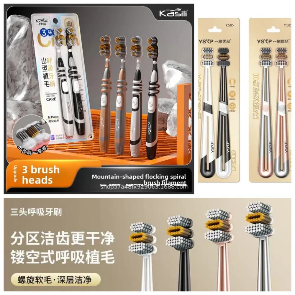 Toothbrush, three head toothbrush, soft bristle, wide head spiral brush gum protection tooth protection, cleaning, household use
