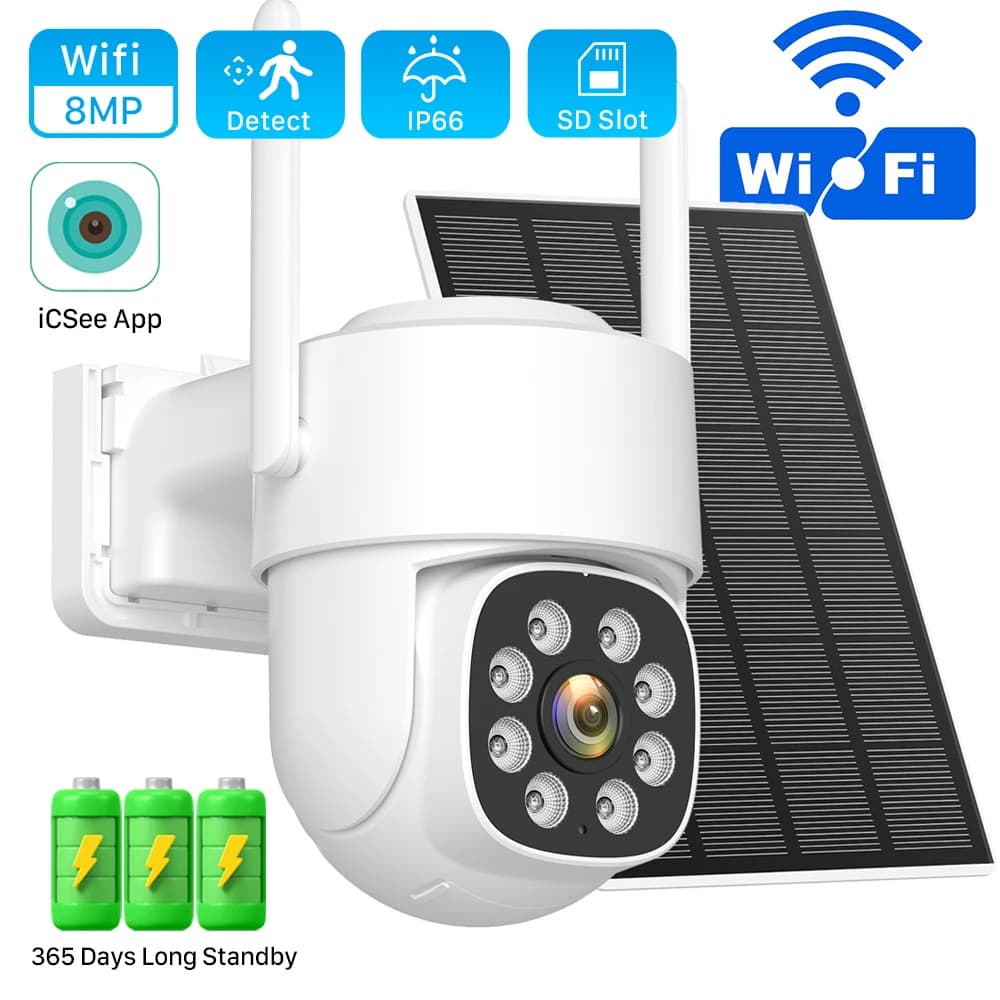 Telecamera solare Wifi wireless Registrazione 24 ore su 24, 7 giorni su 7 Telecamera AOV esterna Zoom 4X Batteria incorporata Telecamera di sicurezza con tracciamento automatico App iCSee