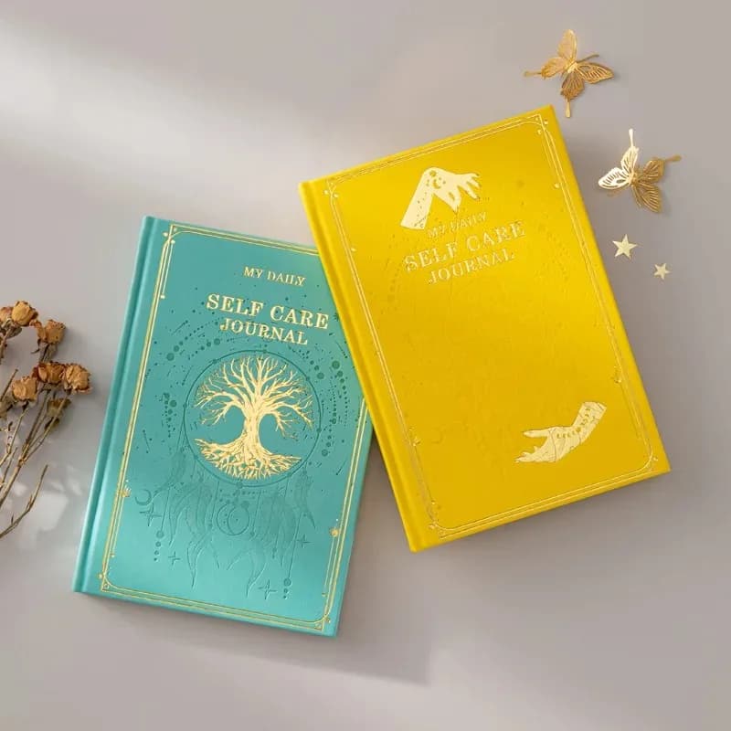 Agenda A5 Self-Care Quaderno con bordi dorati con pagine inglesi Calendario senza data per il benessere mentale