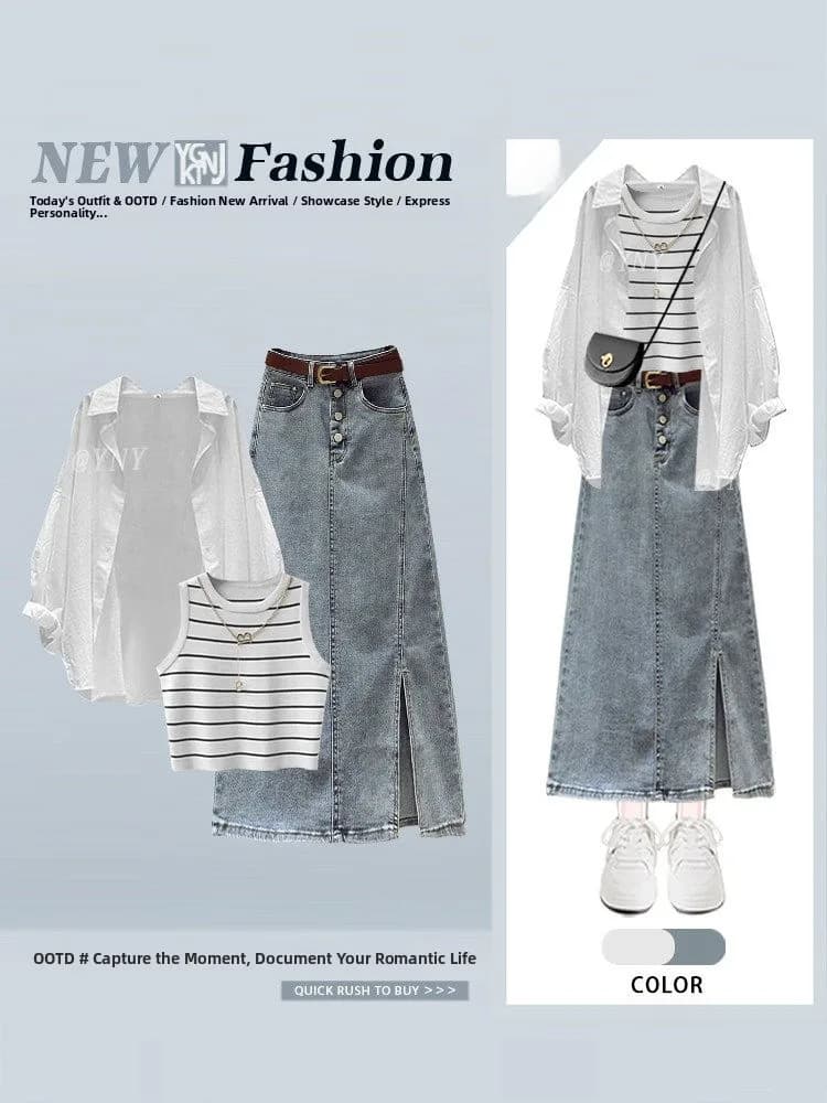 Completo gonna in denim elegante da donna primavera estate, stile casual, con camicia a maniche lunghe, gilet a righe e gonna in jeans con spacco.