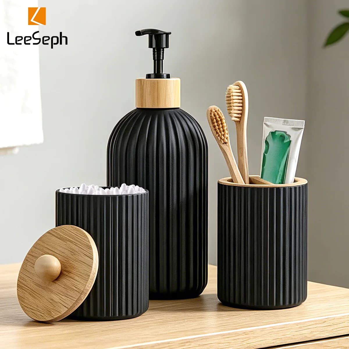 Set di 3 Accessori per il Bagno, Accessori per il Bagno in Nero Opaco, Dispenser di Sapone in Vetro e Set Porta Spazzolini, Contenitore per Bastoncini di Cotone