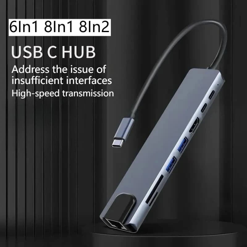 Hub USB C 3.0 6in1/8in1/8in2 con PD e SD/TF, RJ45, HDMI, Splitter Tipo C 4K, Docking Station per MacBook, iPad Pro, Telefono, Computer