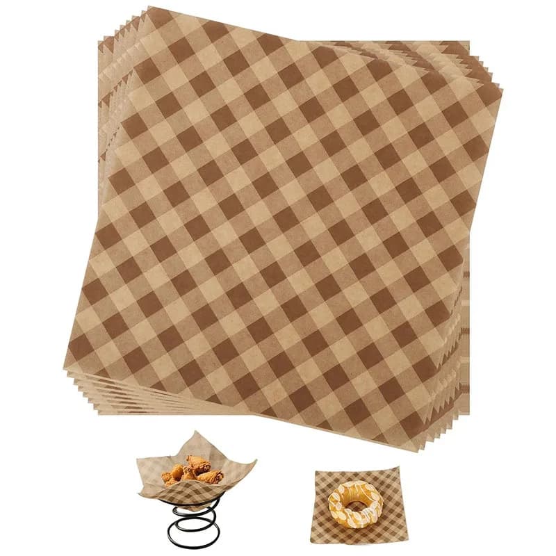 100Pcs Waxed Paper Sheets for Food, Greaseproof Basket Liners Deli Wrapping Sheets, Coffee-Colored Checkered Printing