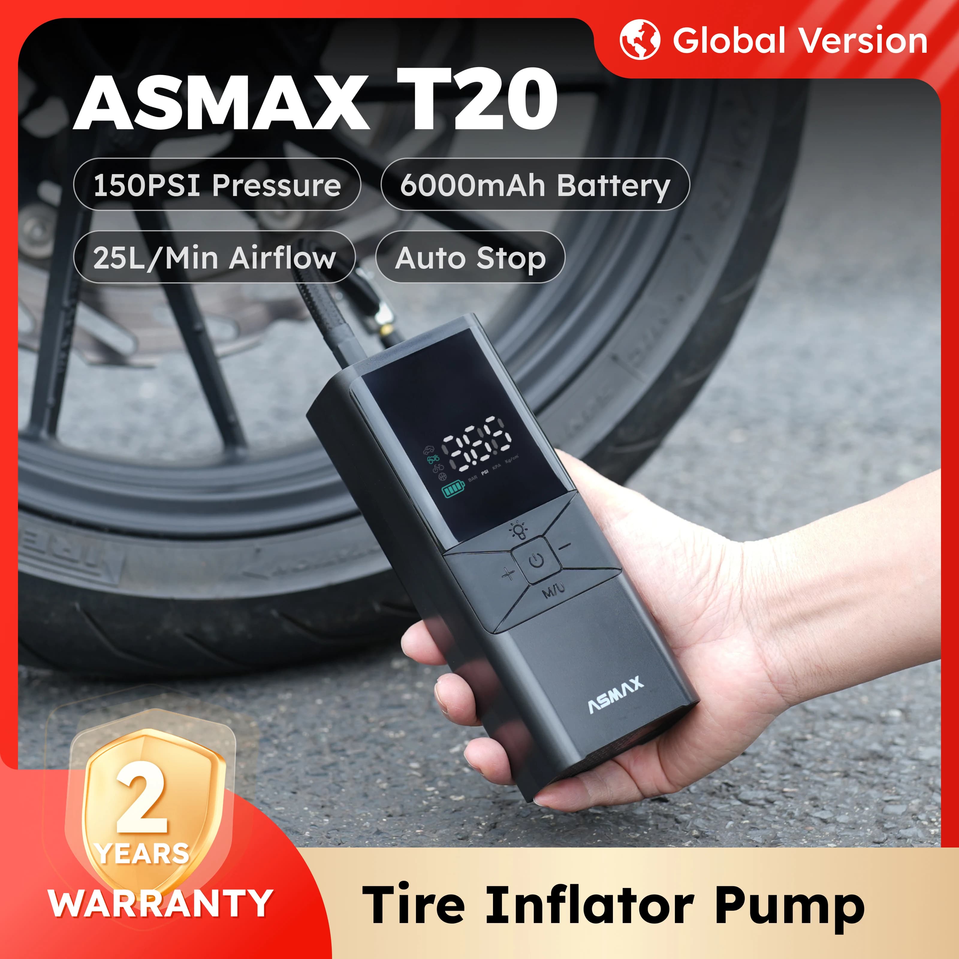 ASMAX T40 Gonfiatore Portatile per Pneumatici 150PSI 6000mAh Compressore d'Aria Ricaricabile con Display LED e Monitoraggio della Pressione in Tempo Reale
