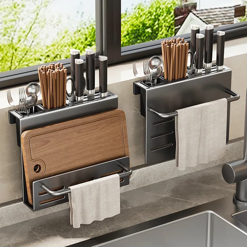 No Drilling Wall Mounted Kitchen Storage Rack Multifunctional Knife Chopstick Holder Cutting Board Organizer With Towel Bar For