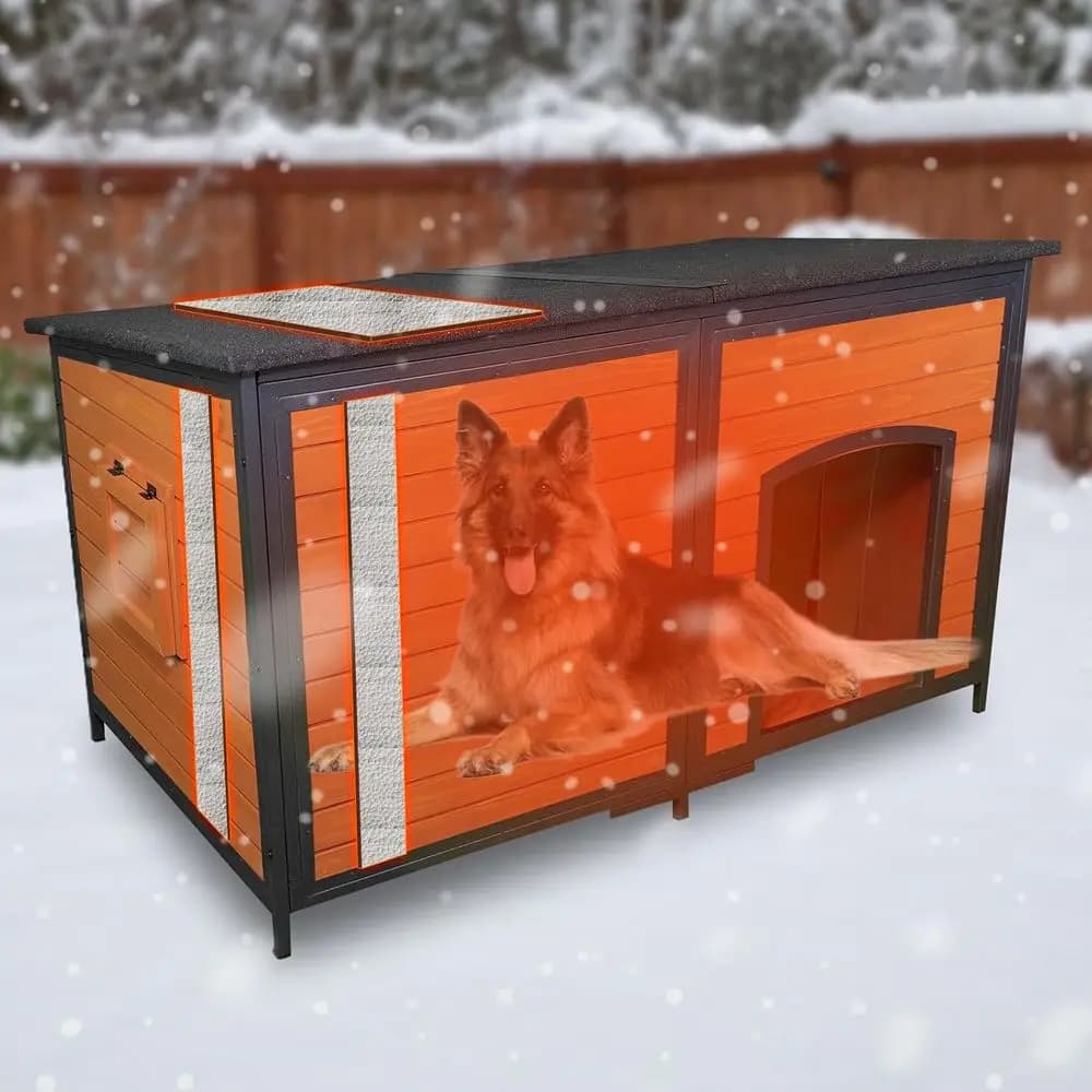 Cuccia per cani da esterno isolata, 59,1 L, resistente alle intemperie per tutte le dimensioni di cani, struttura in metallo, finestra resistente alla masticazione
